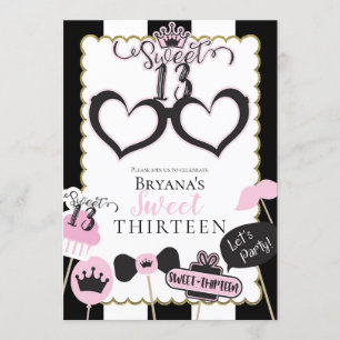Invitation Pink Black Sweet 13 Photo Booth Birthday Party