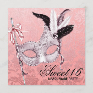 Invitation Pink Black Sweet 16 Masquerade Party