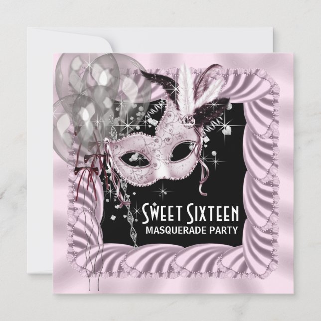 Invitation Pink Black Sweet 16 Masquerade Party (Devant)