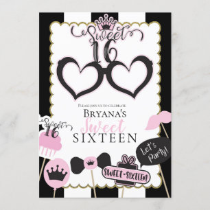 Invitation Pink Black Sweet 16 Photo Booth Birthday Party