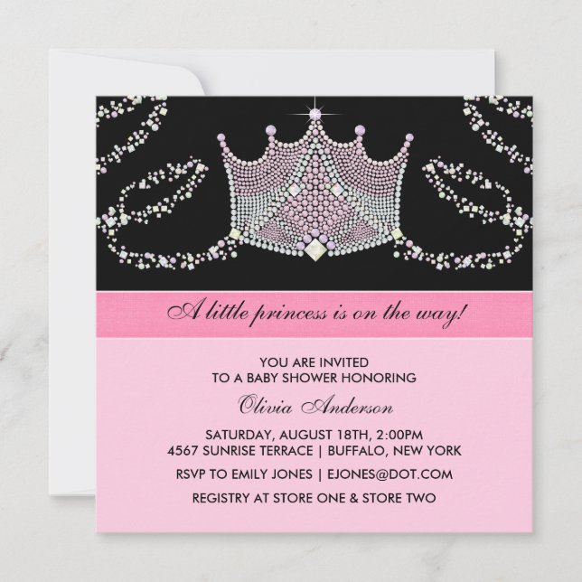 Invitation Pink Black Tiara Baby Girl Princess Baby shower (Devant)