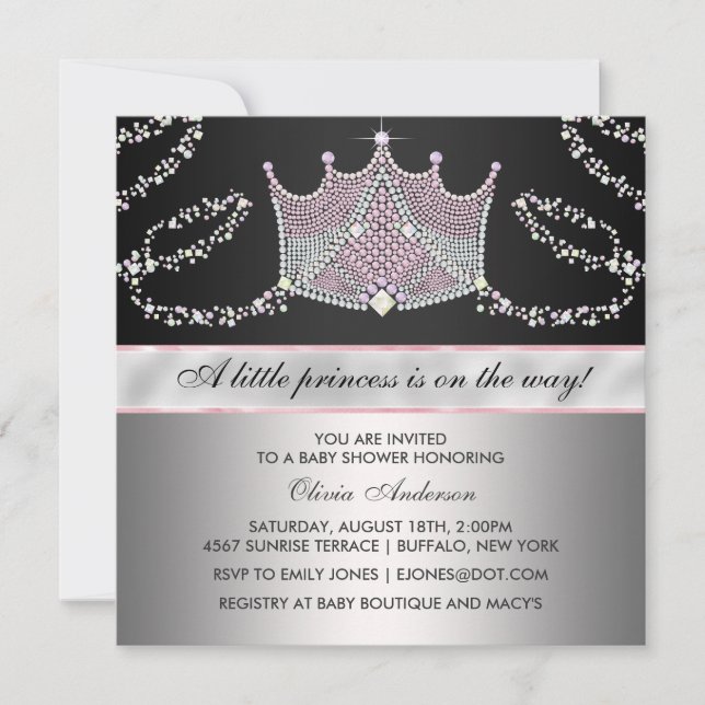 Invitation Pink Black Tiara Baby Girl Princess Baby shower (Devant)