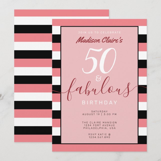 Invitation Pink Black White Stripe 50 & Fabuleux anniversaire (Devant / Derrière)