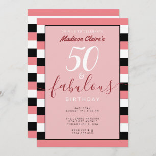 Invitation Pink Black White Stripe 50 & Fabuleux anniversaire