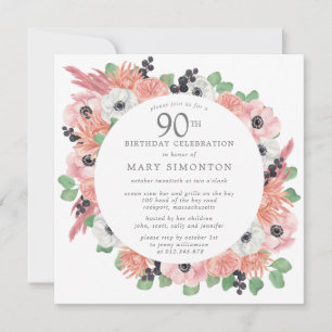Invitation Pink Blanc Floral Eucalyptus 90e fête d'anniversai