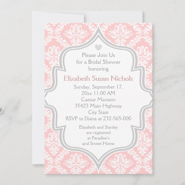 Invitation Pink, blanc, grey damask wedding bridal shower (Devant)