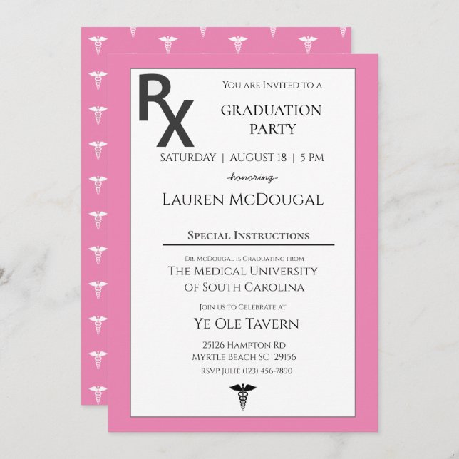Invitation Pink Blanc Médicale Prescription Pad Graduation (Devant / Derrière)