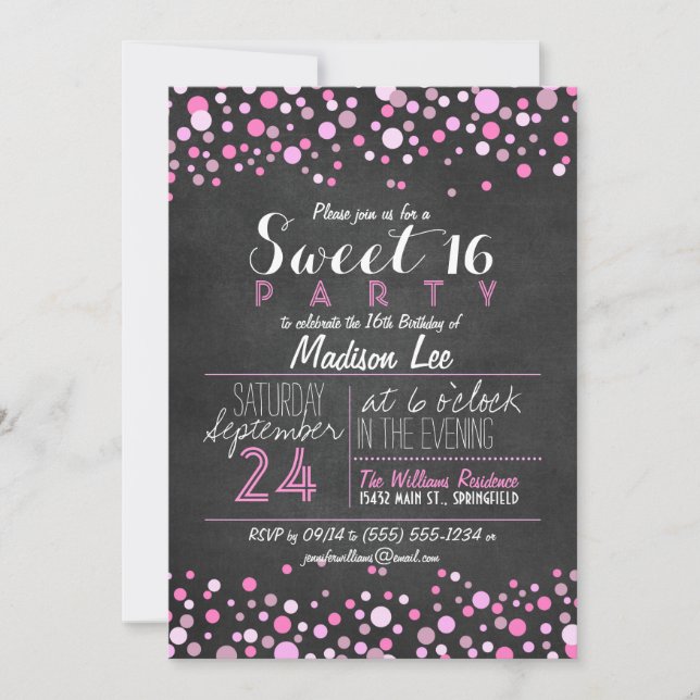 Invitation Pink & Blanc Retro Chalkboard Sweet 16 Party (Devant)