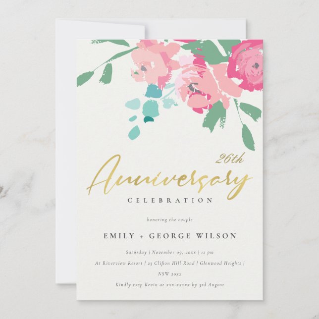 INVITATION PINK BLEU OR PIVOINE FLORALE ANNIVERSAIRE DE TOUTE (Devant)