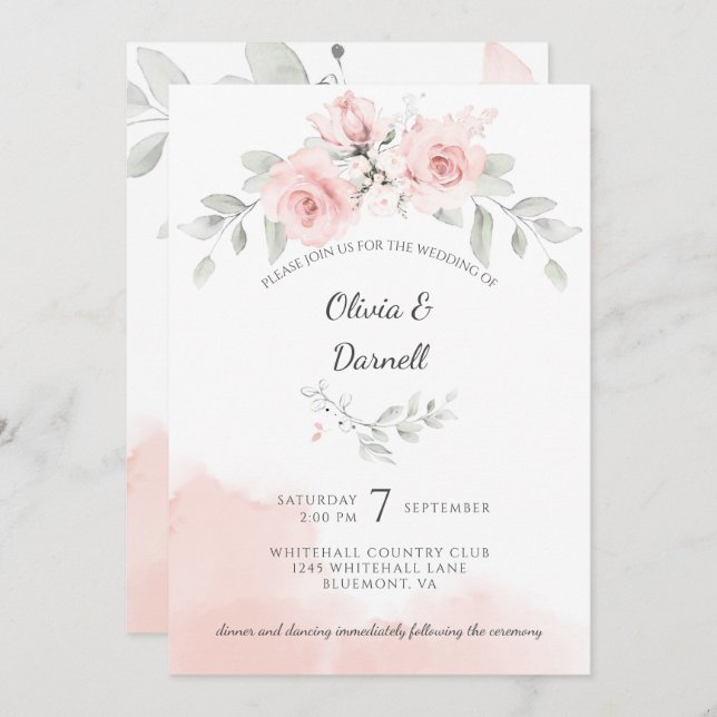 Invitation Pink Bliss Roses et Mariage de verdure (Devant / Derrière)