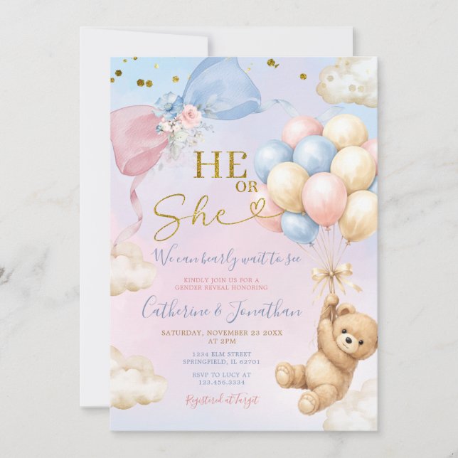 Invitation Pink & Blue Balloon He Or She Bear Gender Reveal (Devant)