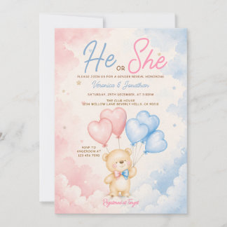 Invitation Pink & Blue Bear He or She Gender Reveal Balloon