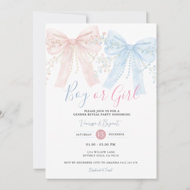 Invitation Pink & Blue Bow Watercolor Reveal Party (Devant)