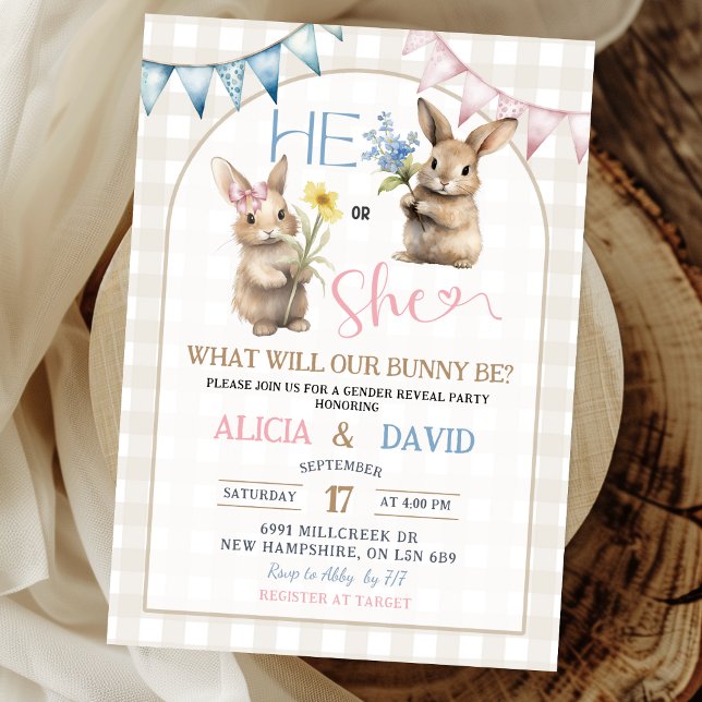 Invitation Pink Blue Bunny Floral Gender Reveal (Créateur téléchargé)