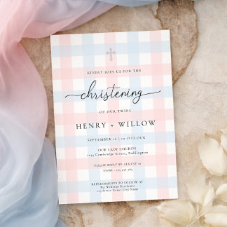 Invitation Pink Blue Gingham Christening