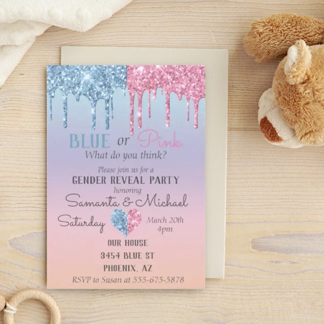 Invitation Pink Blue Glitter Drips Sparkle Glam Gender Reveal (Créateur téléchargé)