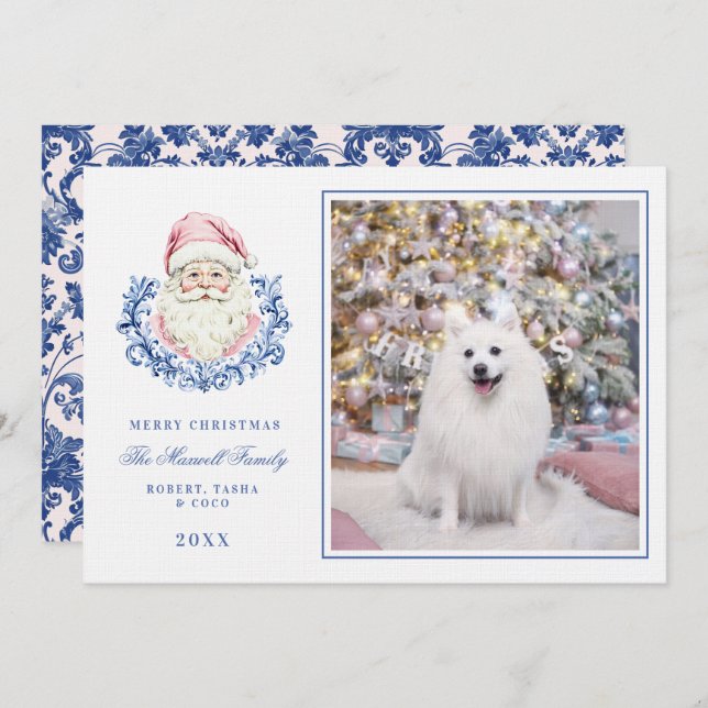 Invitation Pink & Blue Grandmillennial Damask Père Noël W/ Ph (Devant / Derrière)