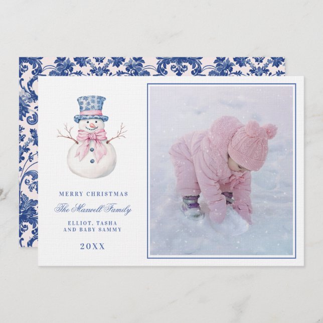 Invitation Pink & Blue Grandmillennial Damask Snowman Photo (Devant / Derrière)