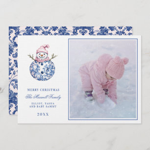 Invitation Pink & Blue Grandmillennial Damask Snowman Photo