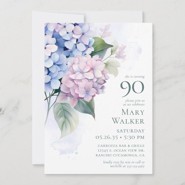 Invitation  Pink Blue Hydrangeas 90th Birthday Card Request  (Devant)