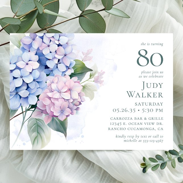 Invitation Pink Blue Hydrangeas fête de 80e anniversaire (Créateur téléchargé)