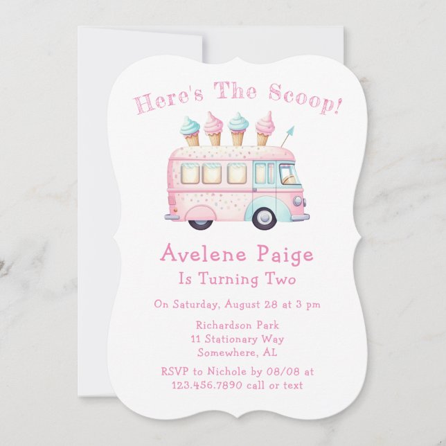Invitation Pink Blue Ice Cream Camion Fille Anniversaire (Devant)
