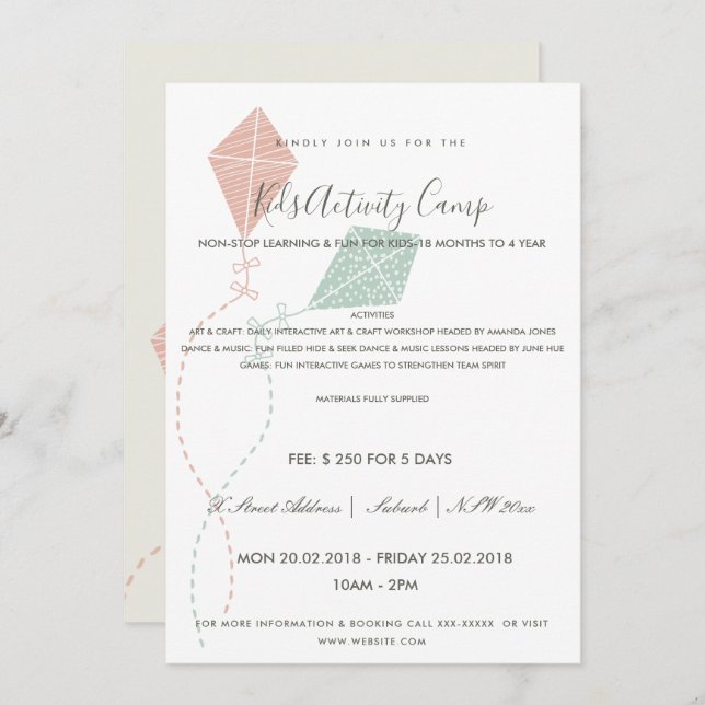 INVITATION PINK BLUE KITE ENFANTS CLASSE D'ACTIVITÉ INVITATIO (Devant / Derrière)