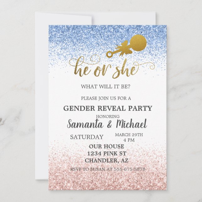 Invitation Pink Blue Ombre Parties scintillant Gold Genre Rev (Devant)