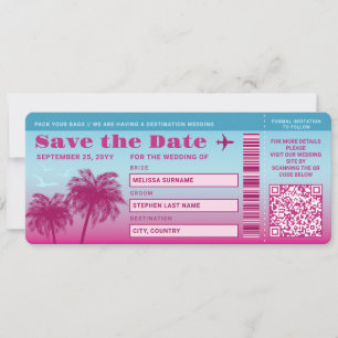 Invitation Pink Blue Palms Faux Embarquement Pass Enregistrer