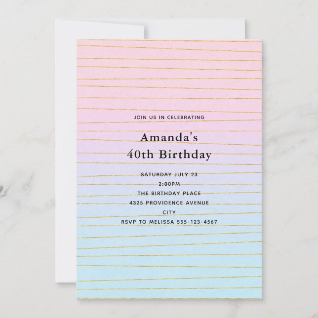 Invitation Pink Blue Pastel dégradé avec Gold Lines Anniversa (Devant)