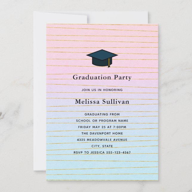 Invitation Pink Blue Pastel Ombre avec Gold Lines Graduation (Devant)