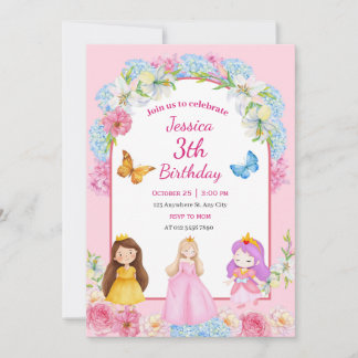 Invitation Pink Blue Watercolor Princess Girl Illustrated