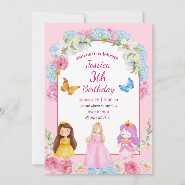 Invitation Pink Blue Watercolor Princess Girl Illustrated (Devant)