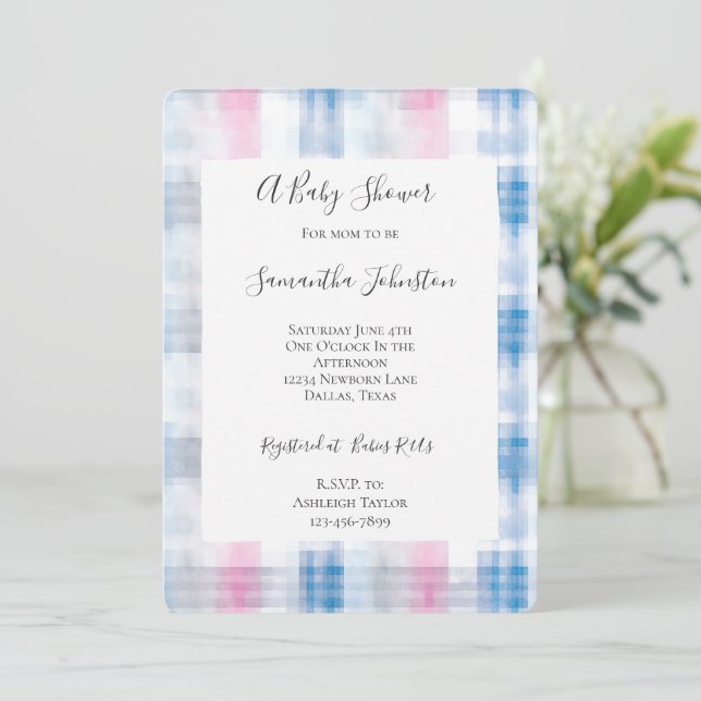 Invitation Pink Blue White Plaid Stripes Baby Shower (Debout devant)