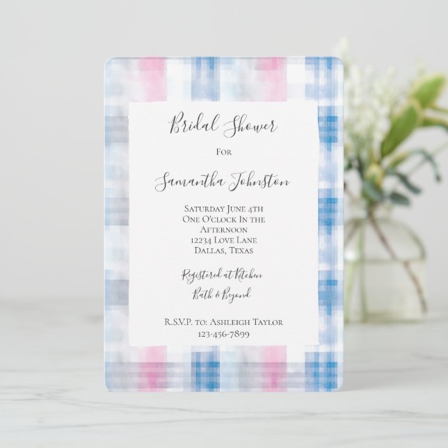 Invitation Pink Blue White Plaid Stripes Bridal Shower (Debout devant)
