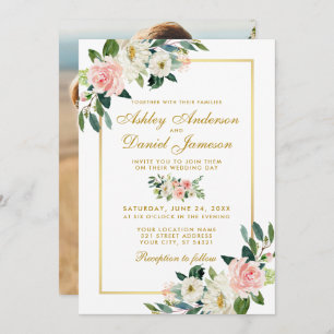 Invitation Pink Blush Blanc Floral Or Mariage Photo