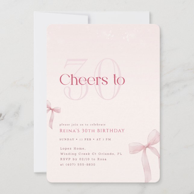 Invitation Pink Blush Bow Cheers to Thirty Birthday (Devant)
