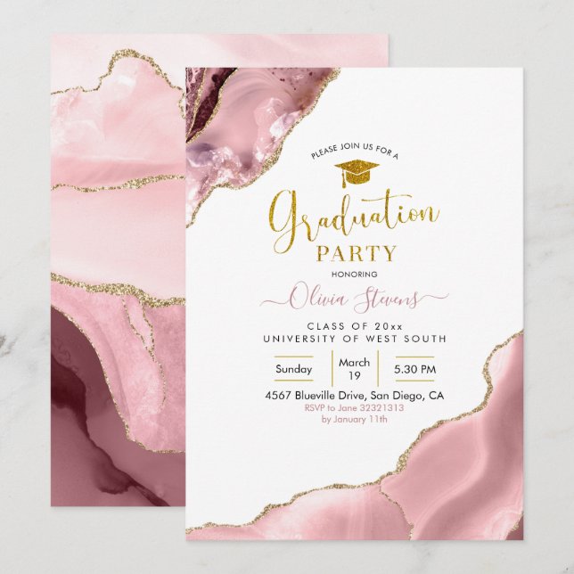 Invitation Pink Blush et Gold Agate Party (Devant / Derrière)