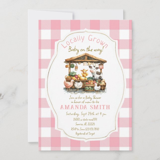 Invitation Pink Blush Farm En vichy Baby shower du marché (Devant)