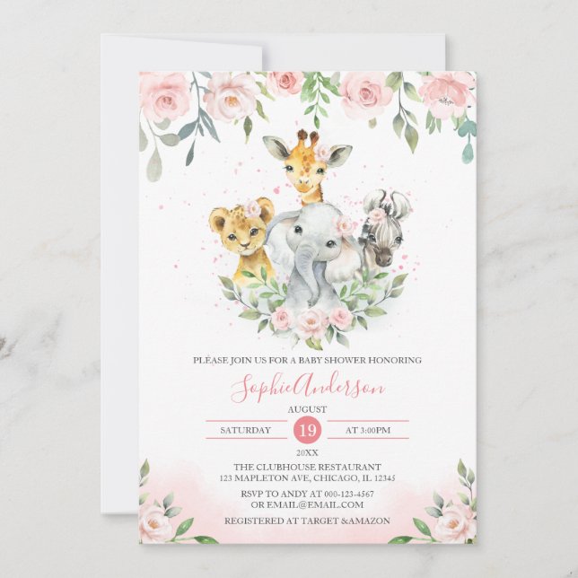 Invitation Pink Blush Floral Jungle Baby shower animal Safari (Devant)