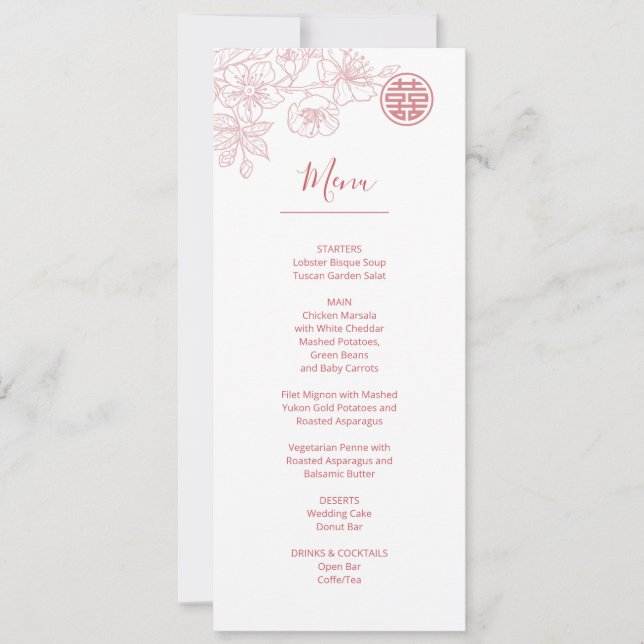Invitation Pink Blush Florline Art Menu Mariage chinois (Devant)