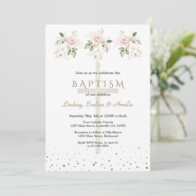 Invitation Pink Blush Flowers Gold Girls Triplets Baptism   (Debout devant)