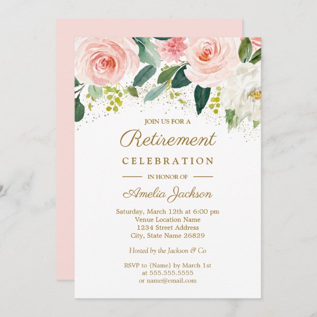 Invitation Pink Blush Gold Aquarelle Floral Retraite Party (Devant / Derrière)