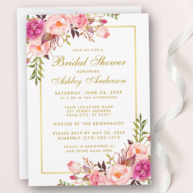 Invitation Pink Blush Gold Floral Douche nuptiale (Customize to change text color, style or text size.)