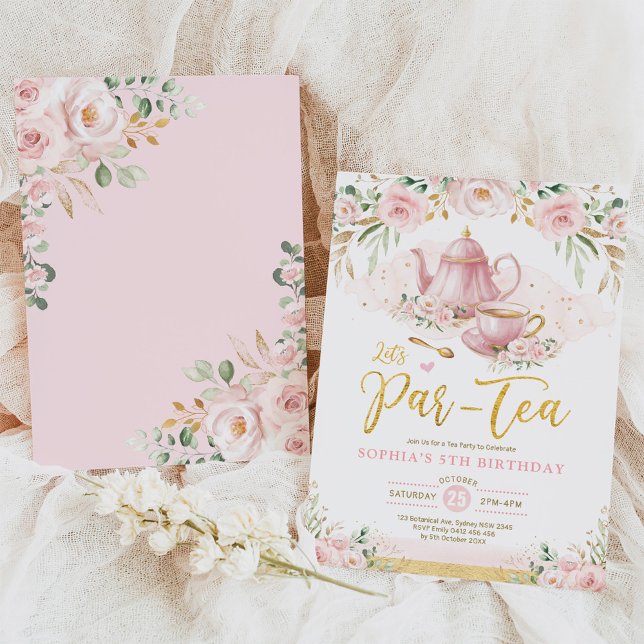 Invitation Pink Blush Gold Floral Girls Anniversaire Tea Part (Créateur téléchargé)