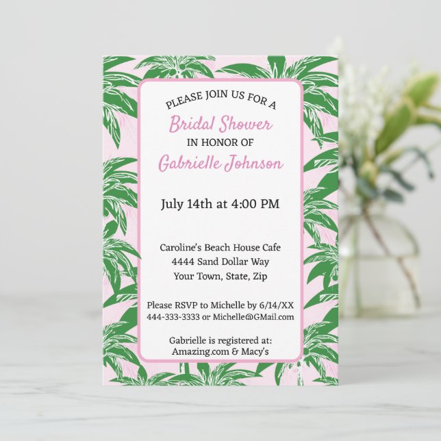Invitation Pink Blush Green Palm Tree Summer ShowParty (Debout devant)