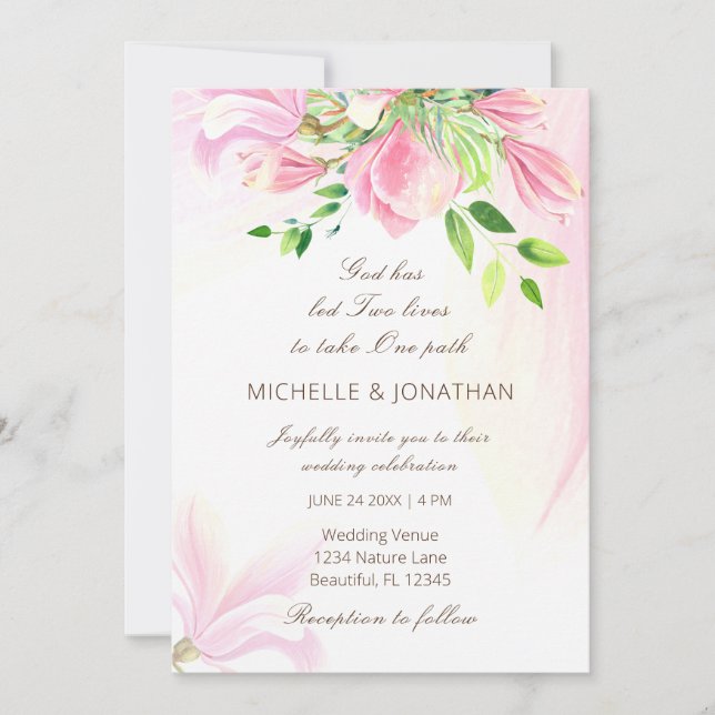Invitation Pink Blush Magnolias Floral Mariage chrétien (Devant)