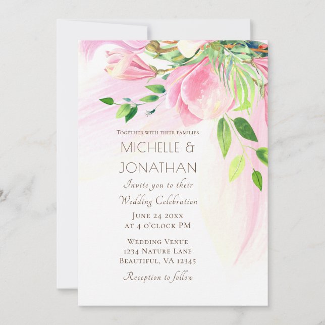 Invitation Pink Blush Magnolias Floral Mariage chrétien (Devant)