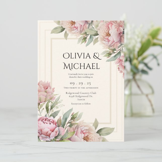 Invitation Pink Blush Peonies Floral Elegant Wedding (Debout devant)