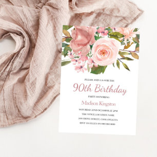 Invitation Pink Blush Rose Gold 90th Birthday Party Invitatio